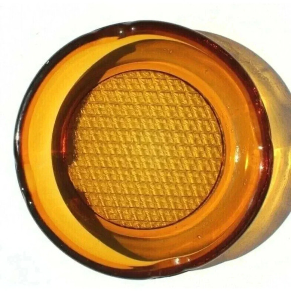 Vtg MCM Heavy Amber Glass 4 Slot Cigarette Cigar Ashtray 8" Waffle Bottom - Picture 1 of 2